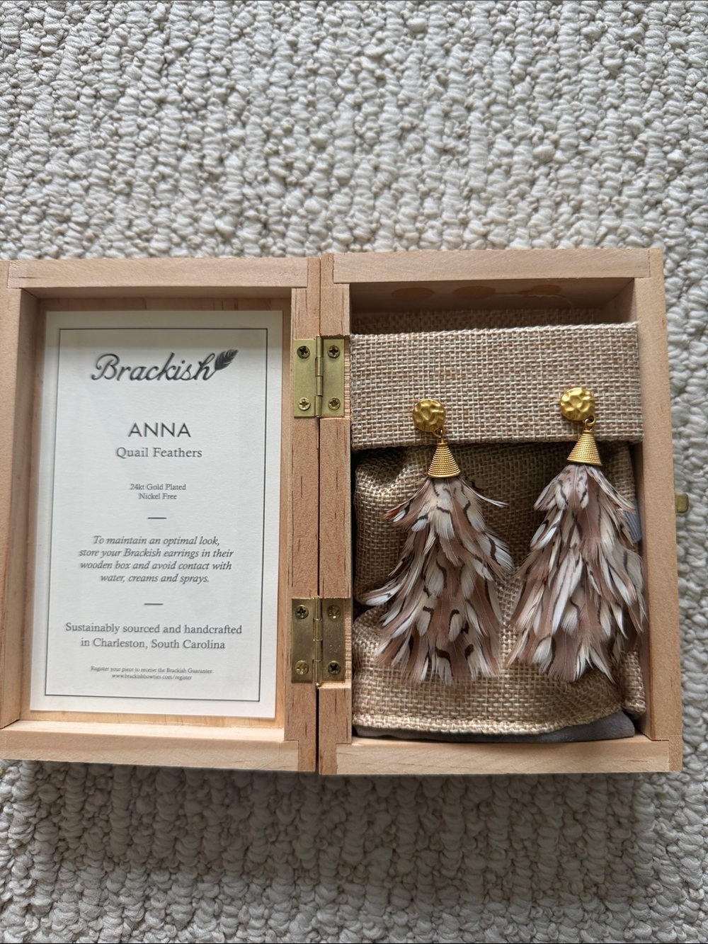 Brackish “Anna” Quail Feather Statement Earrings in Beige with gold post